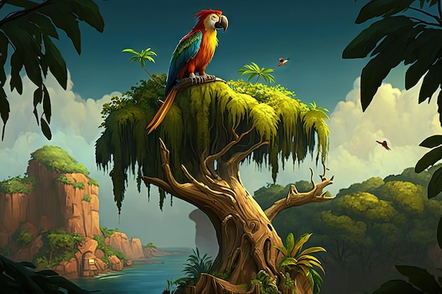 Pappagallo in cima all'albero che osserva la sua casa nella giungla creata con l'intelligenza artificiale generativa