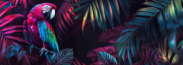 Pappagallo macao e foglie tropicali al neon Sfondio con spazio per la copia