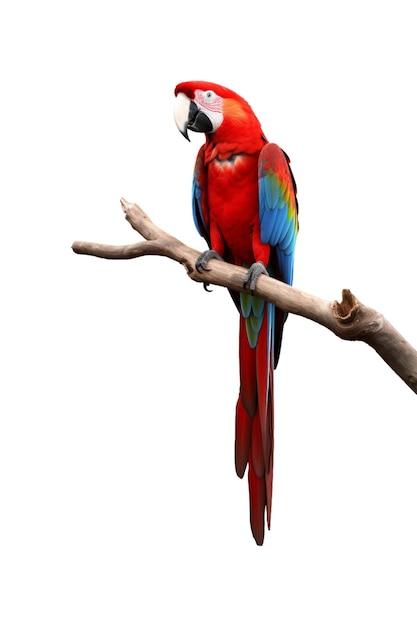 pappagallo macao scarlatto colorato appoggiato su un ramo d'albero isolato su uno sfondo trasparente