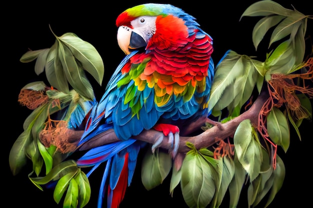 Pappagallo macaw colorato seduto su un ramo isolato su sfondo nero IA generativa