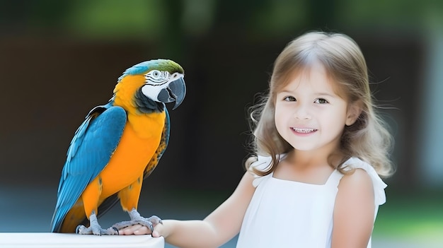 Pappagallo Macaw sulla mano della bambina Concetto di uccello da compagnia