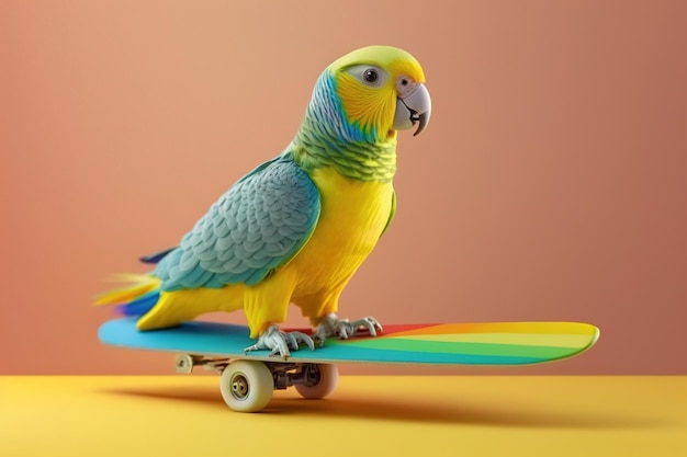 Pappagallo ondulato con skateboard giocattolo di plastica su sfondo studio AI generativa