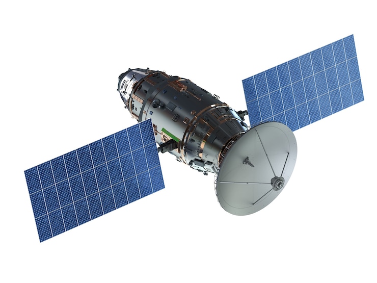 Foto parabola satellitare con antenna su sfondo bianco