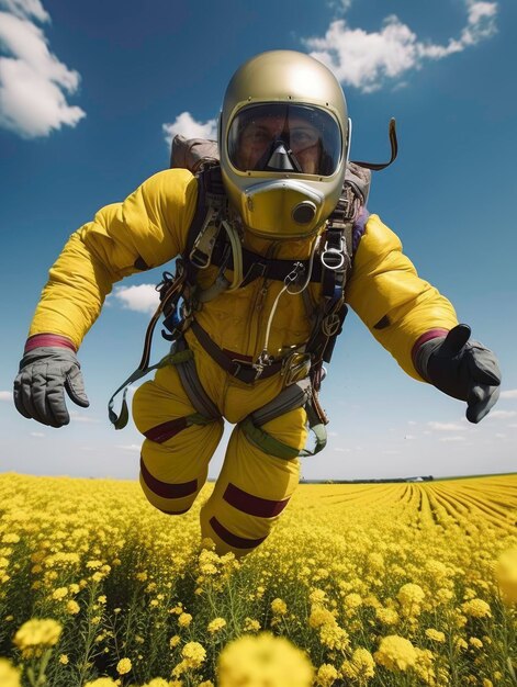 Parachute Adventure Skydiver con Flower in Yellow Suit generato da AI