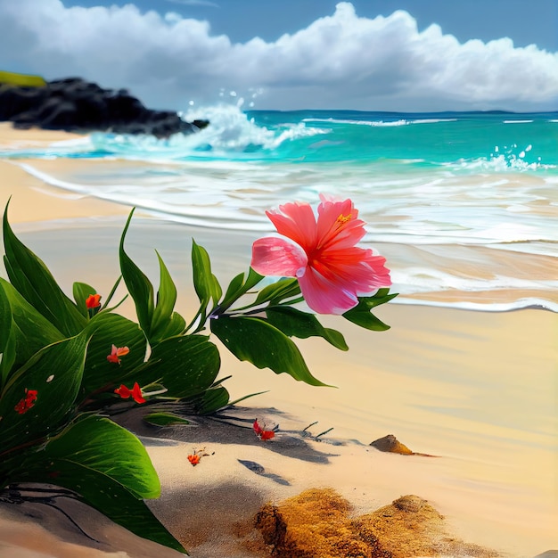 Paradise Beach White Sand Plumeria Ocean Wave Spiaggia esotica Hibiscus Abstract Generative AI Illustration