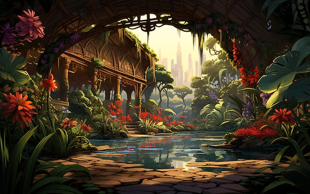 Paradise fantasy giardino con fiore Paesaggio idilliaco sullo sfondo