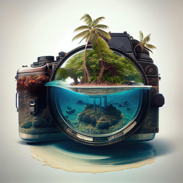 Paradise Island Collage con una macchina fotografica Concetto di paesaggio tropicale Illustrazione astratta dell'IA generativa