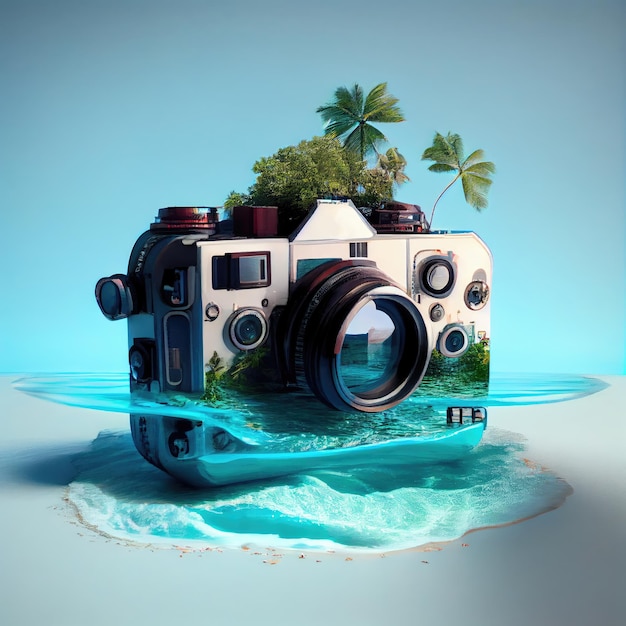 Paradise Island Collage con una macchina fotografica Concetto di paesaggio tropicale Illustrazione astratta dell'IA generativa