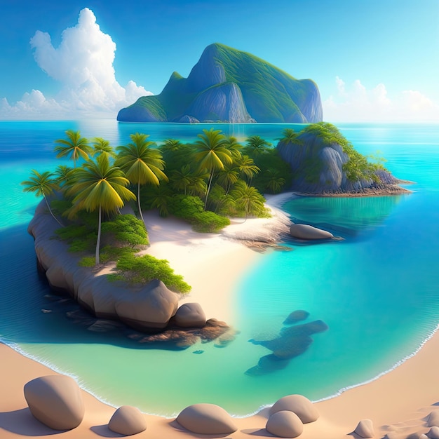 Paradise Island sabbia bianca acqua blu cristallina Bellissimo paesaggio illustrazione 3d