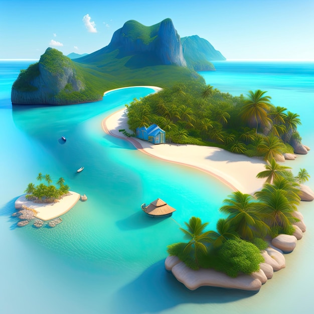 Paradise Island sabbia bianca acqua blu cristallina Bellissimo paesaggio illustrazione 3d