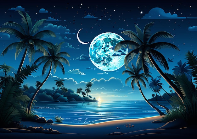 Paradiso lunare Oasi iperrealistica illuminata dalla luna di notte