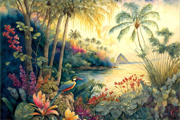 Paradiso tropicale Pittura ad acquerello dettagliata di una carta da parati con un sereno paesaggio tropicale hawaiano