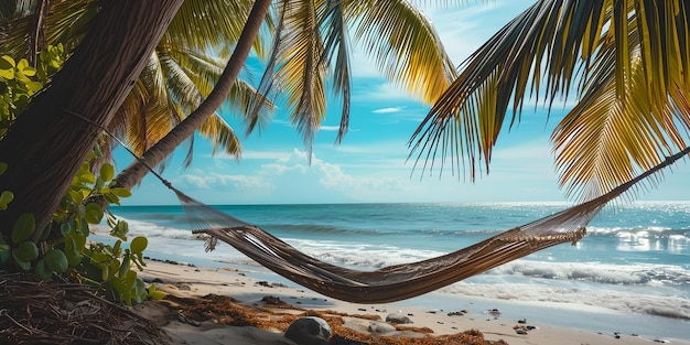Paradiso tropicale sulla spiaggia con amaca che oscilla tra le palme, destinazione di vacanza serena, scena di relax tranquillo AI
