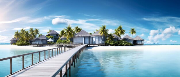 Paradiso tropicale Vista panoramica di lusso sulle Maldive Resort sullo sfondo marino Bungalow villas