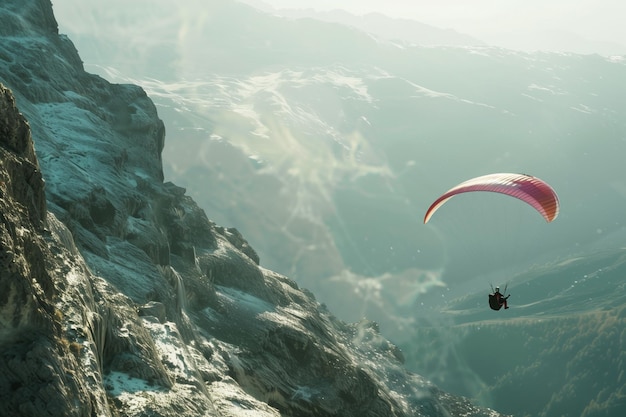 Parapendio che vola tra alte montagne