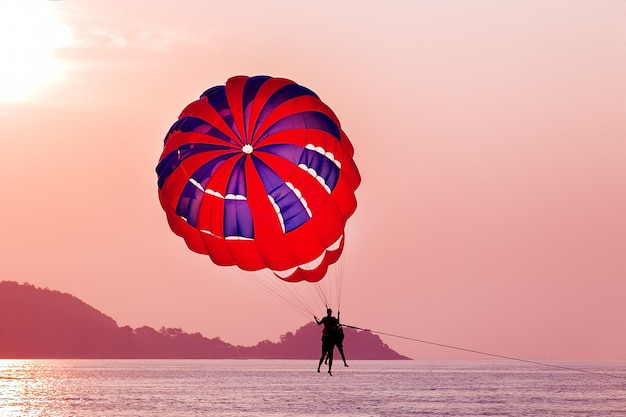 Parasailing durante il tramonto sul mare.