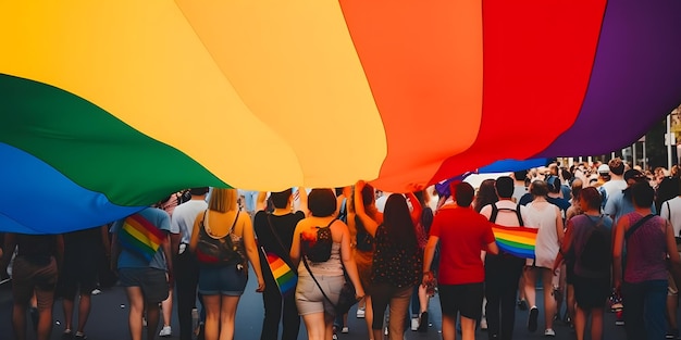 Parata dell'orgoglio della gente e grande bandiera dell'arcobaleno orgoglio LGBTQ generato dall'AI