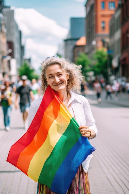 Parata dell'orgoglio e donna con una bandiera arcobaleno in città per i diritti LGBTQ creati con generative ai