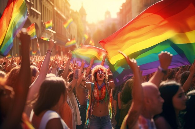 Parata dell'orgoglio LGBTQ con bandiere arcobaleno vibranti