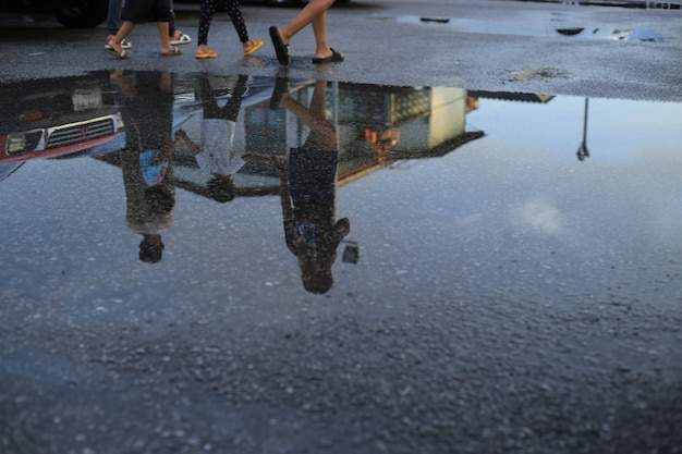 Parcheggi bagnati dopo la pioggia caduta con riflesso di auto e persone che camminano nella pozzanghera a terra.