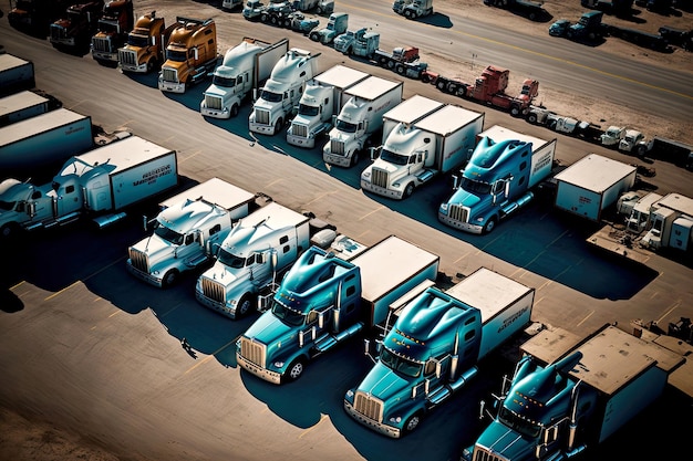 Parcheggio di massa con camion vista aerea parcheggio auto