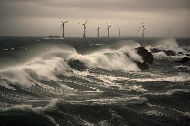 Parchi eolici offshore accanto alle rocce selvagge deserte nel mezzo di un mare settentrionale tempestoso Bel paesaggio marino cupo con generatori eolici Concetto di energia verde sostenibile rendering 3D