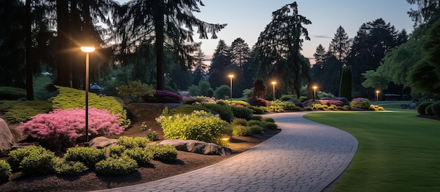 Parco all'aperto prato curato e aiuola di fiori alla vista dell'alba