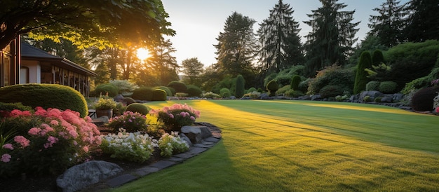 Parco all'aperto prato curato e aiuola di fiori alla vista dell'alba