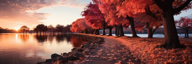 Parco autunnale con alberi vestiti di rosso e arancione vivaci