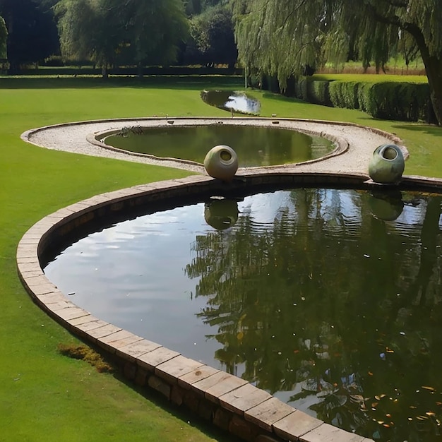 Parco bello e casa degli ospiti con stagno immagine fotografica Ai generata arte