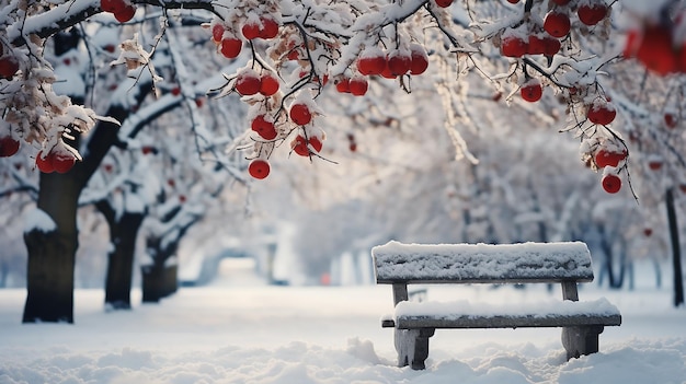 Parco cittadino invernale a nevicata con mele rosse selvatiche