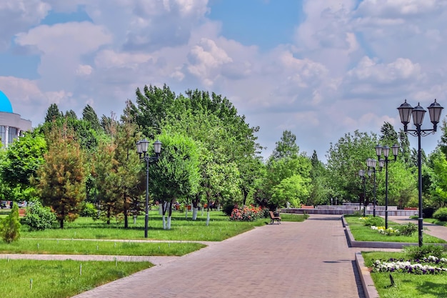 Parco cittadino pubblico in primavera con alberi verdi, marciapiedi e pali dell'illuminazione