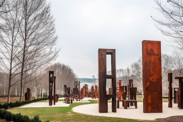 Parco con collezione di sculture uniche e installazioni d'arte moderna create con ai generativi