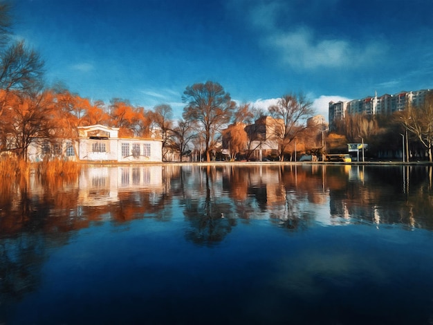 Parco della città di autunno con un'illustrazione del grande lago