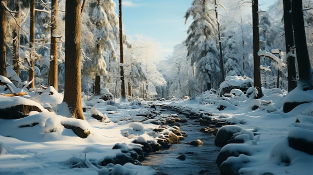 Parco di alberi forestali paesaggistici sotto la copertura nevosa in inverno