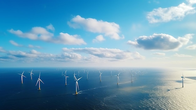 Parco di mulini a vento offshore con nuvole e un parco di molini a vento a cielo blu nell'oceano vista aerea con turbina eolica Concetto di energia verde