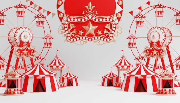 Parco divertimenti 3d, circo, podio a tema fiera di carnevale con molte giostre e negozi tendone da circo