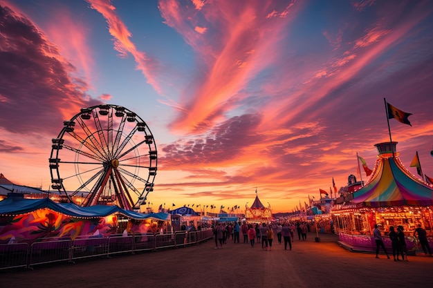 Parco divertimenti con ruota panoramica e cielo colorato al tramonto AI Generato