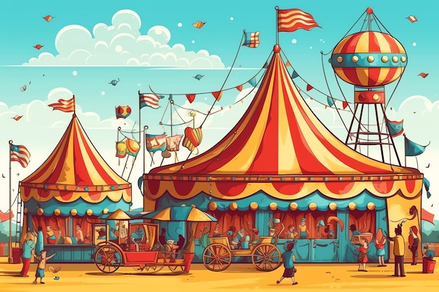 Parco divertimenti con tendone da circo e giostra nel giro del luna park Carnevale itinerante in stile cartoon