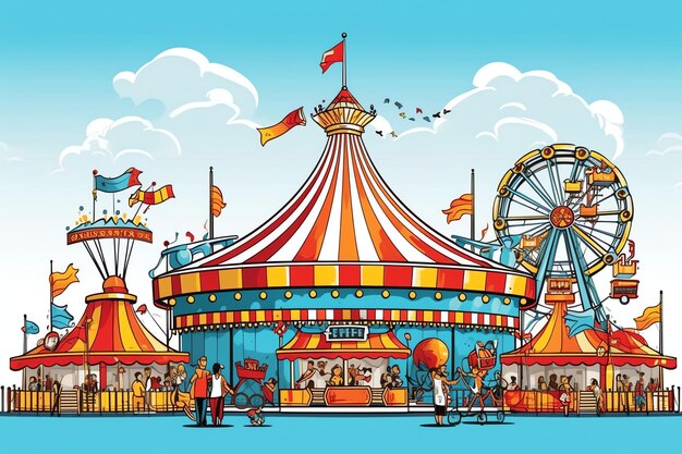 Parco divertimenti con tendone da circo e giostra nel giro del luna park Carnevale itinerante in stile cartoon