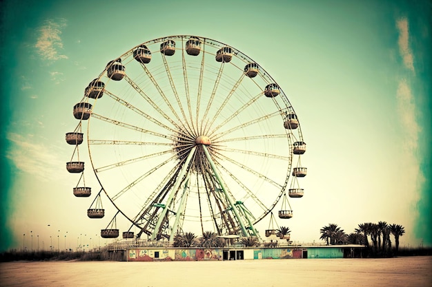 Parco divertimenti vuoto e grande ruota panoramica rotonda creata con intelligenza artificiale generativa