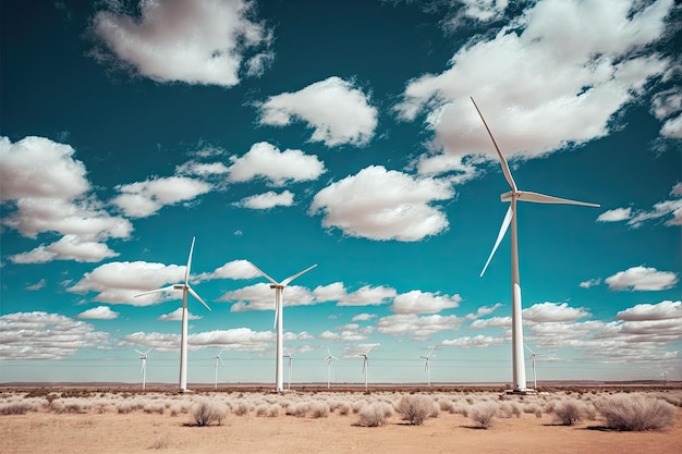 Parco eolico con cielo azzurro e nuvole bianche sullo sfondo creato con intelligenza artificiale generativa