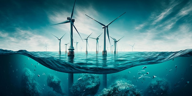 Parco eolico offshore con turbine nell'oceano IA generativa