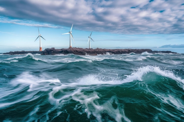 Parco eolico offshore su una piccola isola rocciosa nel bel mezzo di un bel paesaggio marino tempestoso del Mare del Nord wi