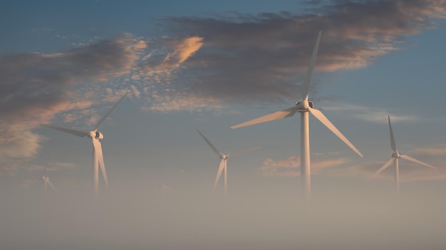 Parco eolico sullo sfondo di un cielo pittoresco in una mattinata nebbiosa. Temi sull'energia verde