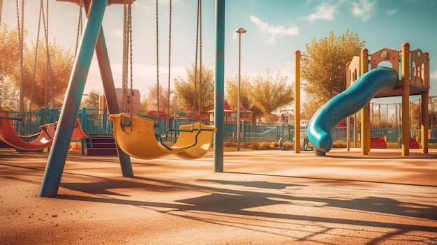 Parco giochi in estate Altalene e panchine per bambini in un parco giochi visto in una giornata di sole AI generativa