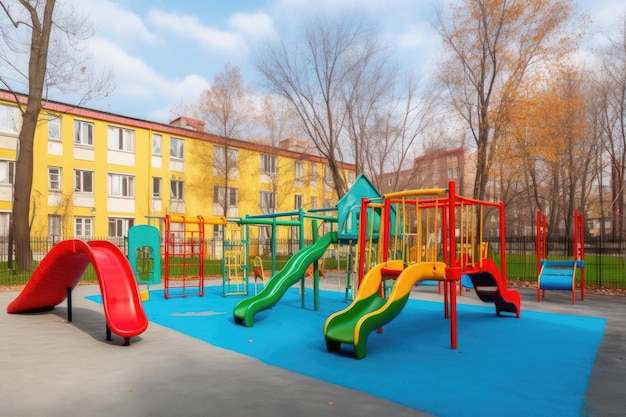 Parco giochi scolastico con altalene colorate, scivoli e altalene creati con AI generativa