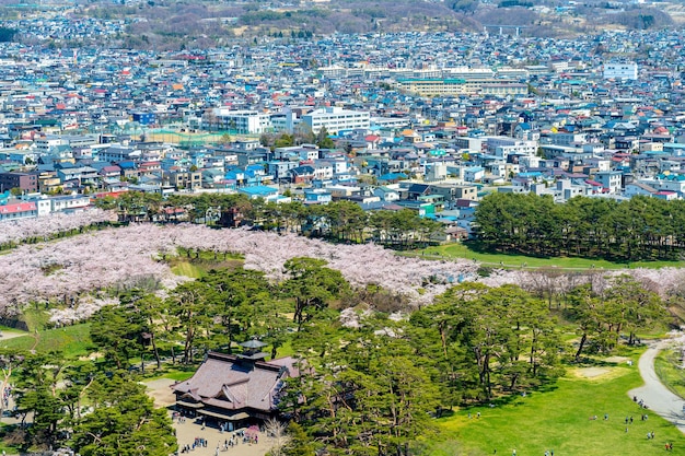 Parco Goryokaku nella stagione primaverile dei fiori di ciliegio. Vista aerea Hakodate Hokkaido in Giappone