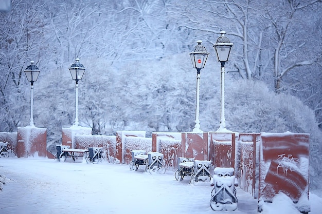 parco invernale, paesaggio urbano in condizioni climatiche invernali / paesaggio neve, città, alberi in un parco cittadino nel nord