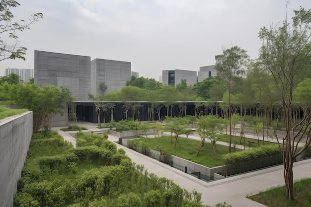Parco pubblico moderno e minimalista con architettura elegante, vegetazione naturale e arte contemporanea